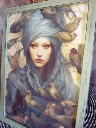 Quadro donna con turbante e uccelli