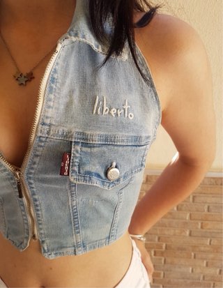 (XS) Gilet crop top in denim da donna Y2K