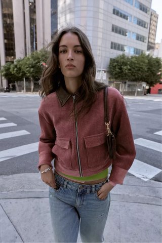 Cazadora pana rosa cuello cuero T.XS