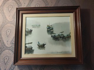 Cuadro pescadores Asia, marco madera