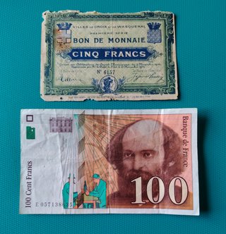 2 Billetes Francia: 5 Francos y 100 FRANCOS
