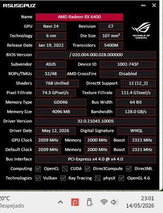Tarjeta Gráfica Asus RX 6400 4GB GDDR6, 45W