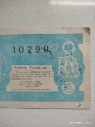 Lotería Nacional 1952 - Billete N° 10290