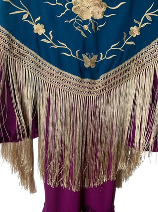 Mantón Flamenco Bordado Azul y Dorado