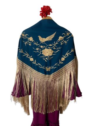Mantón Flamenco Bordado Azul y Dorado