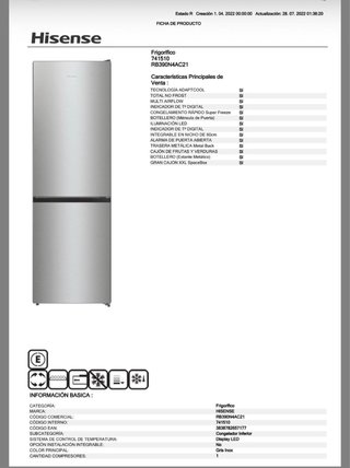 Nevera Hisense Total No Frost 185cm