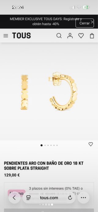 Pendientes Tous Aro Plata bañada en oro 18KT.