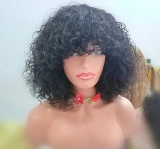 Peluca Bob Rizada de Cabello Humano con Flequillo