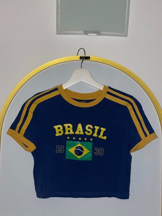 Camiseta Crop Top Brasil Azul y Amarillo