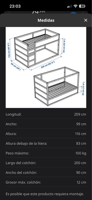 Litera Kura IKEA + Colchón