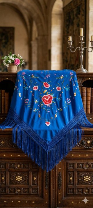 Mantón azul bordado flores