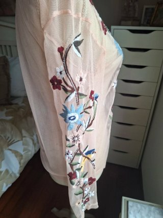 Camiseta Zara Tull Bordada Flores Pájaros Talla M