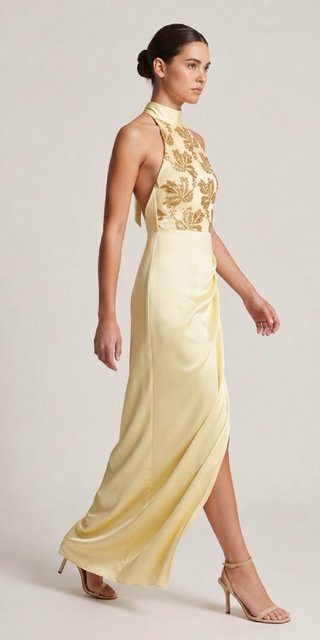 Vestido de fiesta amarillo con pedrería
