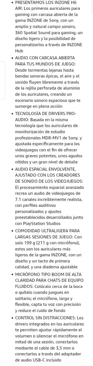 Auriculares Gaming Sony INZONE H6 Negro