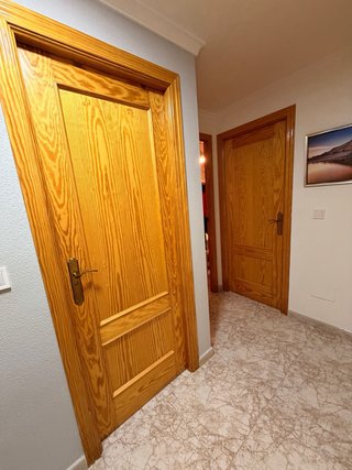 Puerta madera pino con cristal y ciegas.
