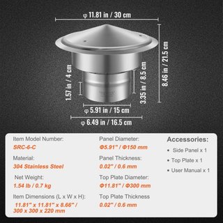 Copertura Camino, 152,4 mm, Copertura Tetto Tonda in Acciaio Inox 304, Coperture Estese 300 mm, Per Tutti i Climi e Viti Rinforzate, Facile Installazione, per Copertura Ventilazione Isolamento...