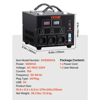 Transformador Convertidor de Voltaje, 5000VA, Transformador Pesado de Paso Arriba/Abajo, Convierte de 110 Voltios a 220 Voltios y de 220 Voltios a 110 Voltios, con Salida US Salida EU Puerto USB 5...