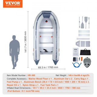 Bote Inflable, Bote Deportivo Transom para 6 Personas, con Suelo de Madera Marina y Banco de Aluminio Ajustable, Bote Inflable para Pesca de 1500 lbs, Remos de Aluminio, Bomba de Aire y Bolsa de T...