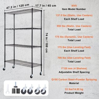 Unità di Stoccaggio su Ruote, Scaffale Regolabile a 4 Livelli, Capacità 700 lbs, Scaffali da Garage in Metallo Organizer Rack a Filo, Nero, 47.2" L x 17.7" P x 74" A per Cucina, Da...