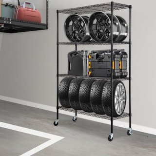 Unità di Stoccaggio su Ruote, Scaffale Regolabile a 4 Livelli, Capacità 700 lbs, Scaffali da Garage in Metallo Organizer Rack a Filo, Nero, 47.2" L x 17.7" P x 74" A per Cucina, Da...