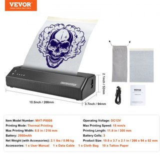 Impresora de Plantillas de Tatuajes, Impresora de Plantillas de Tatuajes Inalámbrica Bluetooth con 10 Piezas de Papel de Transferencia y Bolsa de Tela, Impresora de Tatuajes Portátil para Teléfono...
