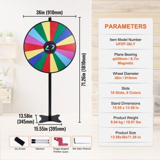 Rueda de Premios Giratoria de 36 pulgadas, Rueda Giratoria de 18 Ranuras, Rueda de Ruleta con un Borrado en Seco y 2 Marcadores, Juegos de Giro de Fortuna de Pie o de Mesa en Fiesta, Pub, Feria Co...