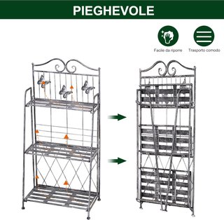 Scaffale Portavasi Pieghevole a 3 Livelli per Giardino Balcone, Metallo, Argento, 44X25X96 Cm