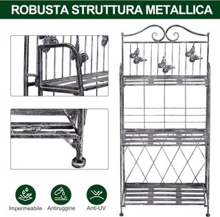 Scaffale Portavasi Pieghevole a 3 Livelli per Giardino Balcone, Metallo, Argento, 44X25X96 Cm