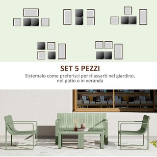 Set da Giardino 5 Pezzi con Divano, 2 Sedie e 2 Tavoli, Set Esterno in Polipropilene, Impermeabile e Resistente ai Raggi UV, Verde