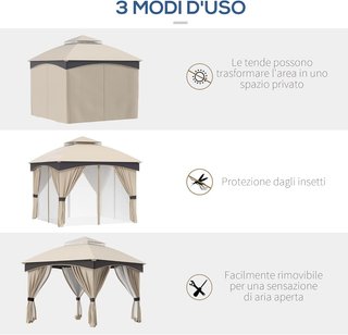 Gazebo da Giardino 3x3 m in Acciaio con Doppio Tetto, Mosche e Tende Incluse, Beige e Marrone