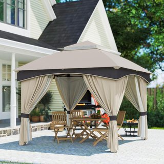 Gazebo da Giardino 3x3 m in Acciaio con Doppio Tetto, Mosche e Tende Incluse, Beige e Marrone
