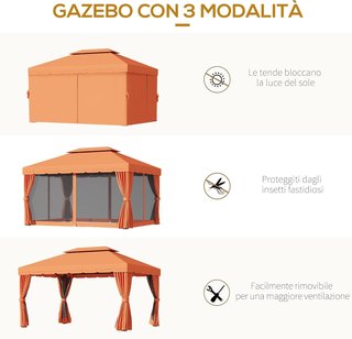 Gazebo da Giardino 4X3 M con Zanzariera e Tende, Gazebo da Esterno con Doppio Tetto in Poliestere Anti UV e Struttura in Lega di Alluminio, Arancione