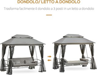 Tre posti a dondolo e letto singolo con tetto a gazebo, zanzariera e cuscini 256X172X248Cm Grigio Scuro