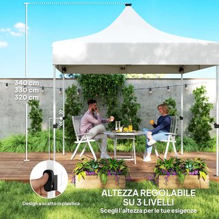 Gazebo Pieghevole 3x3 M Pop up con Altezza Regolabile su 3 Livelli con Luci LED Solari e Borsa da Trasporto, Gazebo da Esterno in Metallo e Oxford, UV50+, per Giardino, Feste, Campeggio, Bianco
