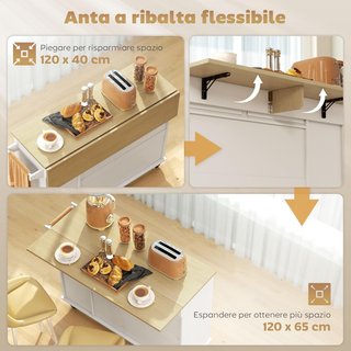 Isla de Cocina con Ruedas, Carro de Cocina con Tablero Plegable, Puertas Soft Close, Estantes Regulables, 2 Cajones, 3 Estantes Extraíbles, Estante con Puerta y Toallero, Blanco