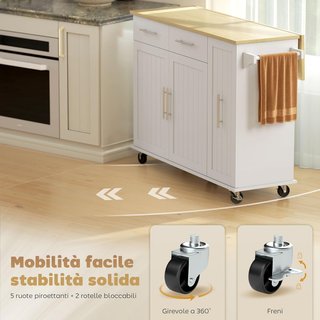 Isla de Cocina con Ruedas, Carro de Cocina con Tablero Plegable, Puertas Soft Close, Estantes Regulables, 2 Cajones, 3 Estantes Extraíbles, Estante con Puerta y Toallero, Blanco