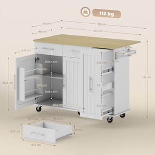 Isla de Cocina con Ruedas, Carro de Cocina con Tablero Plegable, Puertas Soft Close, Estantes Regulables, 2 Cajones, 3 Estantes Extraíbles, Estante con Puerta y Toallero, Blanco