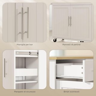 Isla de Cocina con Ruedas, Carro de Cocina con Tablero Plegable, Puertas Soft Close, Estantes Regulables, 2 Cajones, 3 Estantes Extraíbles, Estante con Puerta y Toallero, Blanco
