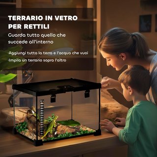 Terrario para Reptiles Elevado Con Cerradura Y Puerta de Alimentación, Terrario para Tortugas Y Serpientes de Vidrio Y Malla Metálica, 30X30X20 Cm, Negro