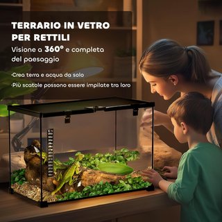 Terrario para Reptiles Elevado con Cerradura y Puerta de Alimentación, Terrario para Tortugas y Serpientes en Vidrio Templado y Malla Metálica, 50X30X35 Cm, Negro