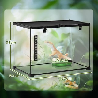 Terrario para Reptiles Elevado con Cerradura y Puerta de Alimentación, Terrario para Tortugas y Serpientes en Vidrio Templado y Malla Metálica, 50X30X35 Cm, Negro
