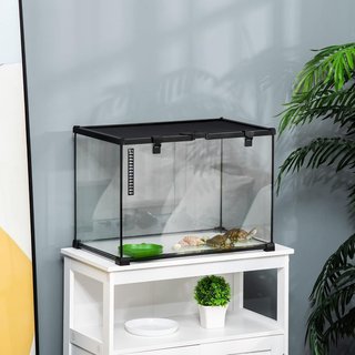 Terrario para Reptiles Elevado con Cerradura y Puerta de Alimentación, Terrario para Tortugas y Serpientes en Vidrio Templado y Malla Metálica, 50X30X35 Cm, Negro