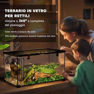 Terrario para Reptiles Elevado con Cerradura y Puerta de Alimentación, Terrario para Tortugas y Serpientes en Vidrio Templado y Malla Metálica, 50X30X25 Cm, Negro