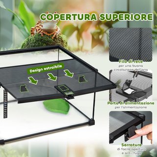 Terrario para Reptiles Elevado con Cerradura y Puerta de Alimentación, Terrario para Tortugas y Serpientes en Vidrio Templado y Malla Metálica, 50X30X25 Cm, Negro