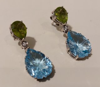 Pendientes Oro Blanco 18k Diamantes, aguamarina y
