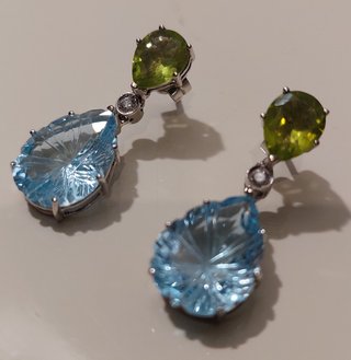 Pendientes Oro Blanco 18k Diamantes, aguamarina y