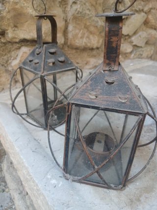 Pareja faroles antiguos metal y cristal