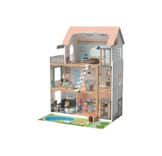 Casa di bambole in legno a tre piani con piscina e giardino