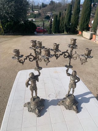 Coppia Candelabri Antichi Bronzo Figure Uomo