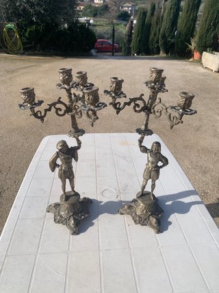 Coppia Candelabri Antichi Bronzo Figure Uomo